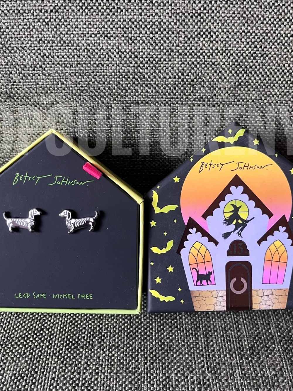 Betsey Johnson Halloween Skeleton Dachshund Wiener Dog Stud Earrings Silver Tone